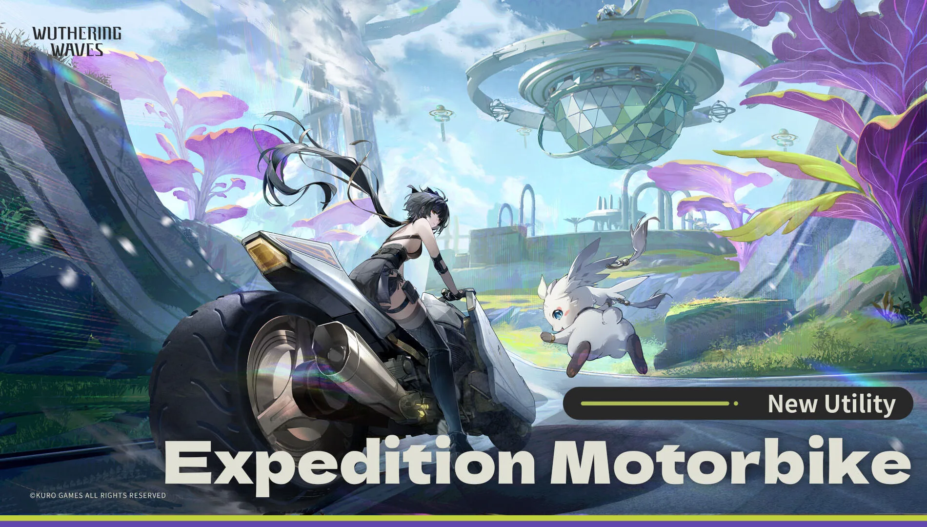 A Resonator rides the Expedition Motorbike toward a small white creature in a bright futuristic landscape.