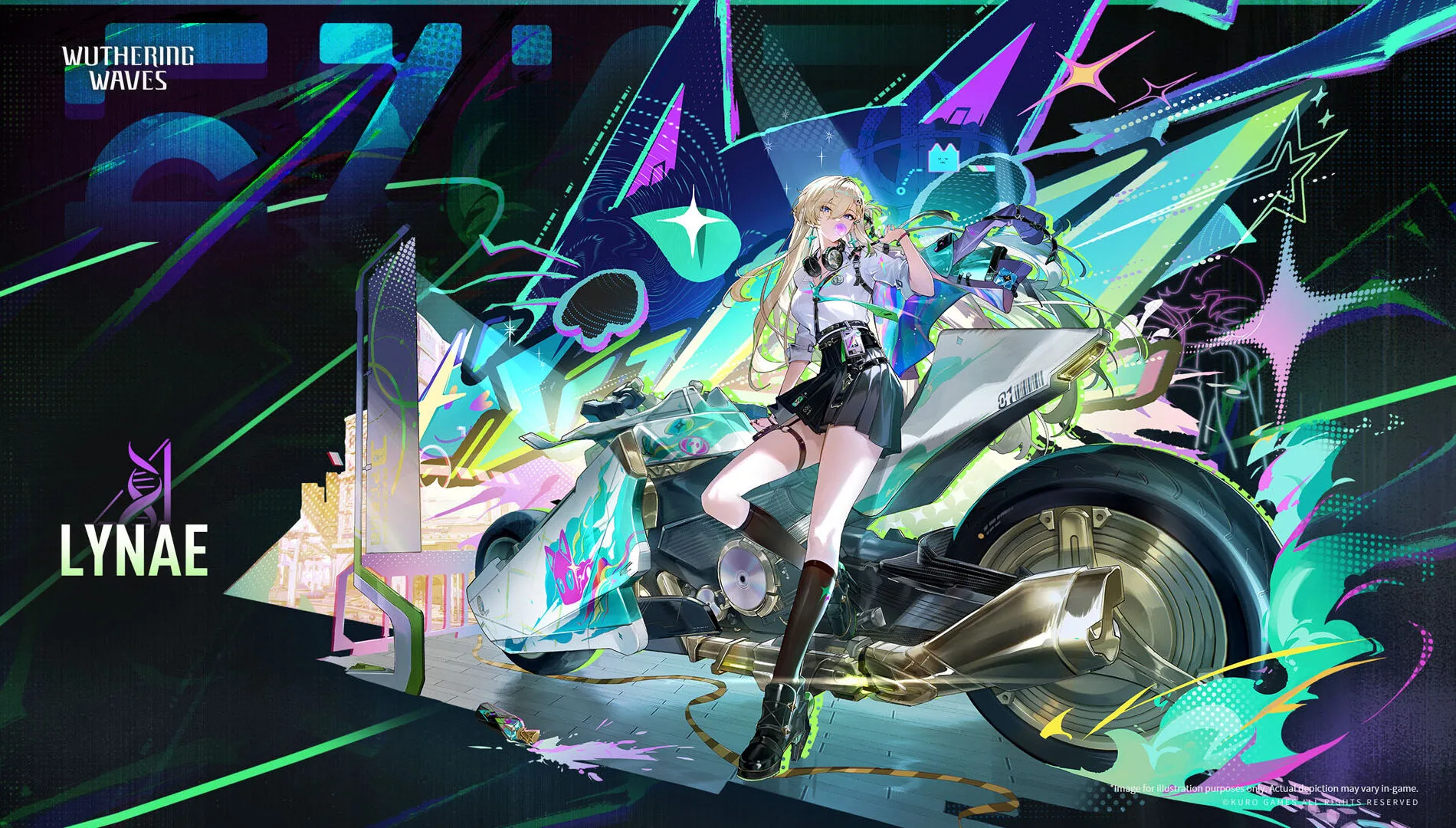 Lynae sits on the Expedition Motorbike against a neon graphic backdrop.