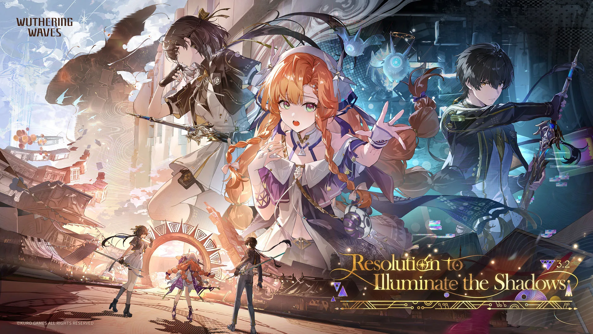 Sigrika reaches forward between several Resonators beneath the Version 3.2 title.