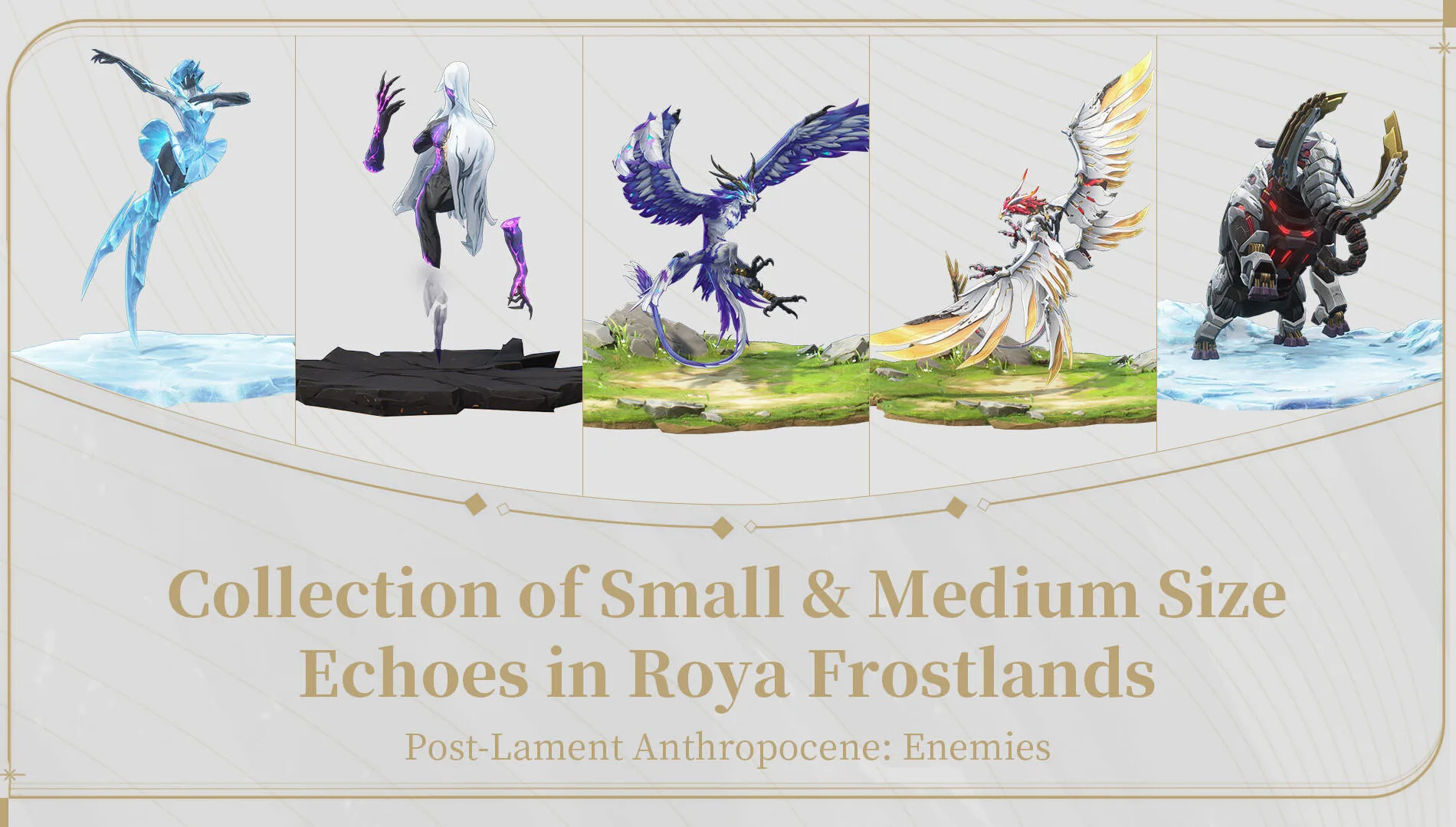 Five Echo enemies stand in separate panels across icy and grassy terrain.