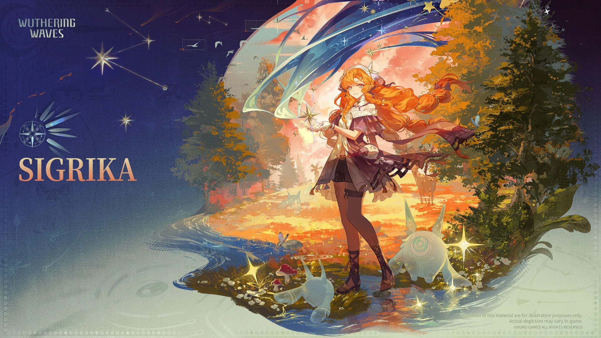 Sigrika stands among orange trees and small creatures beneath a star filled sky.