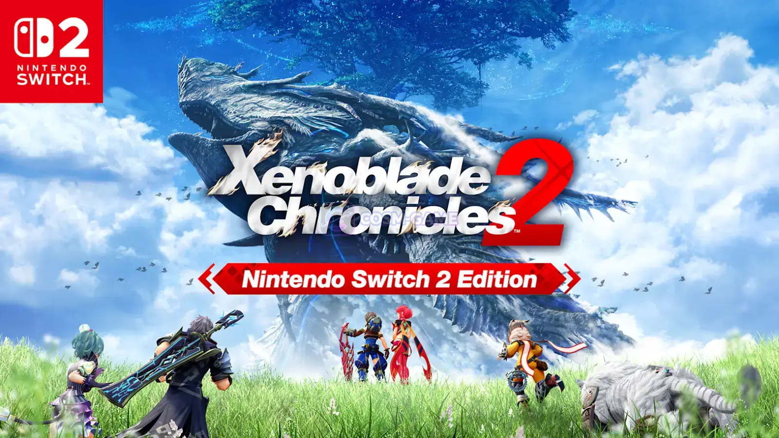 Rex, Pyra, and other party members beneath the Xenoblade Chronicles 2 Nintendo Switch 2 Edition logo.