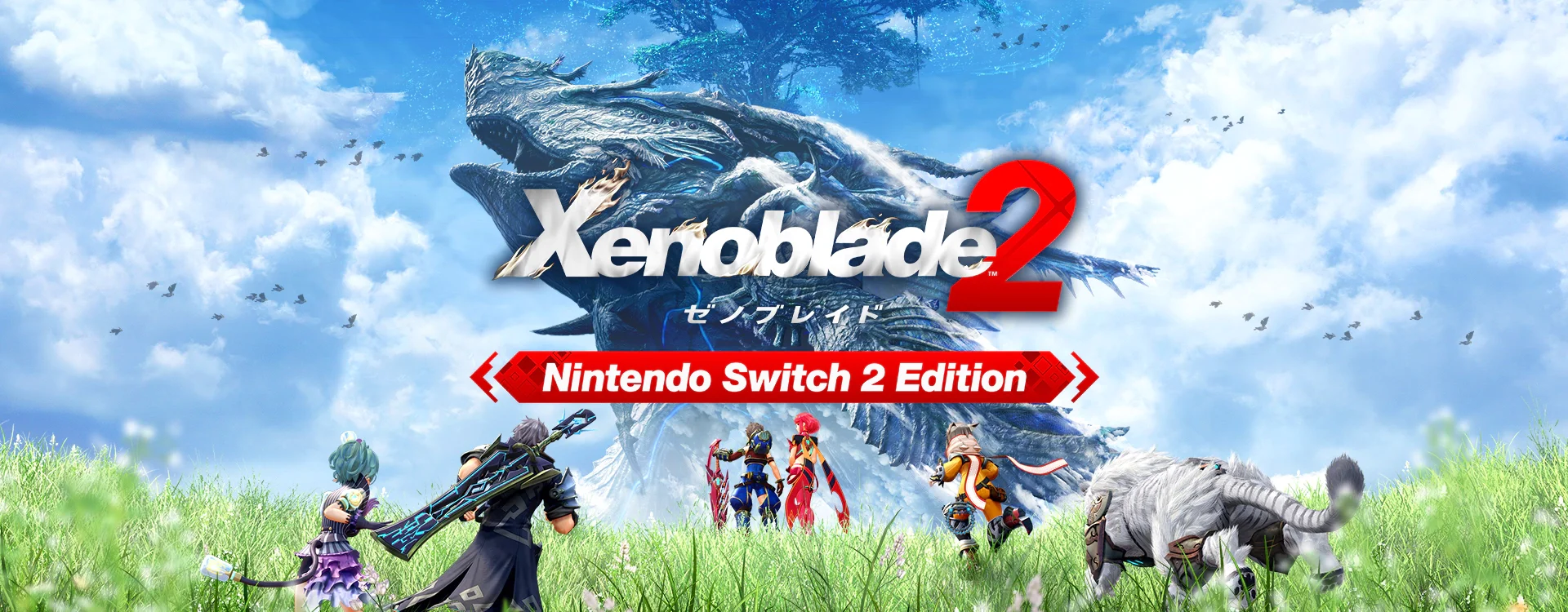 Rex, Pyra, and their companions stand in a grassy field beneath a colossal Titan in Xenoblade Chronicles 2 Nintendo Switch 2 Edition artwork.