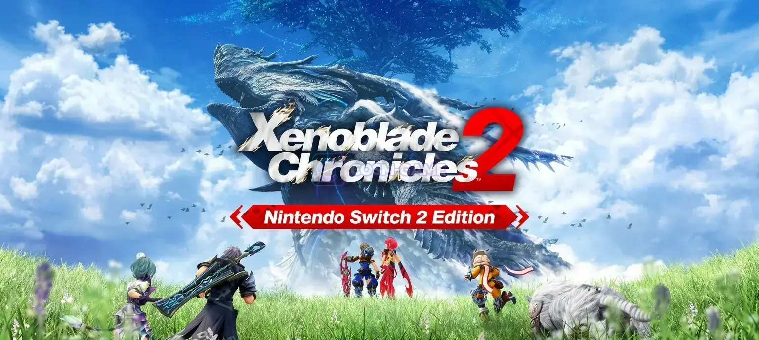 Rex, Pyra, and their companions stand in a grassy field beneath a colossal Titan in Xenoblade Chronicles 2 Nintendo Switch 2 Edition artwork.
