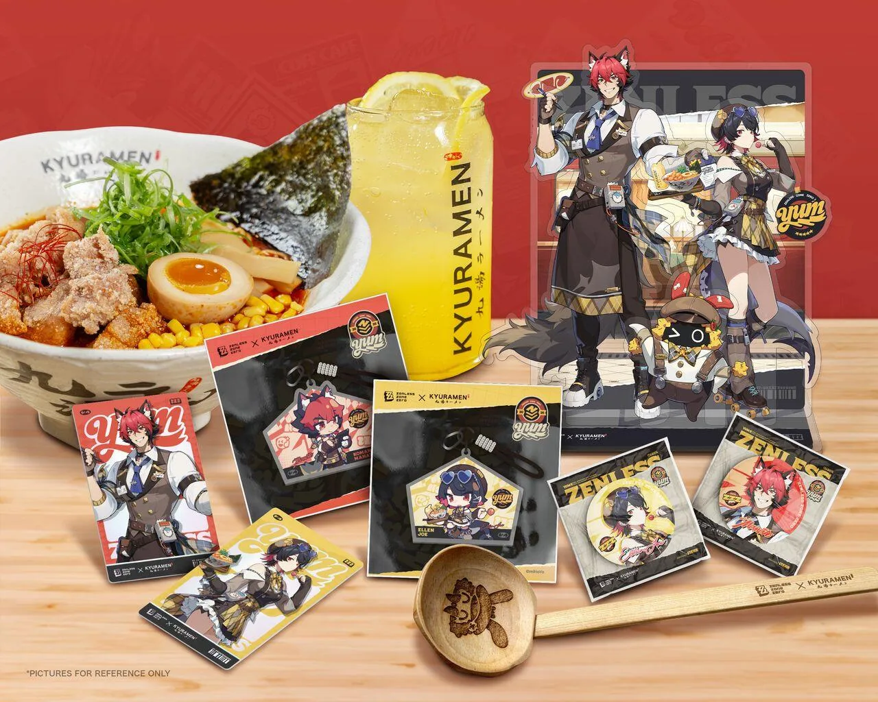 Ellen Joe, Komano Manato, and Crispyboo displayed beside Kyuramen ramen, a drink, and collaboration merchandise