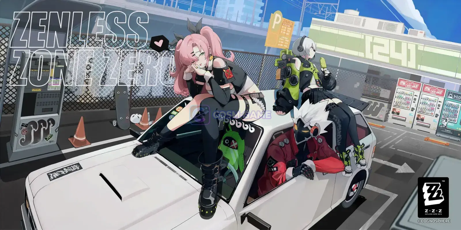 Zenless Zone Zero official key art showing several characters gathered around a white car in an urban setting.